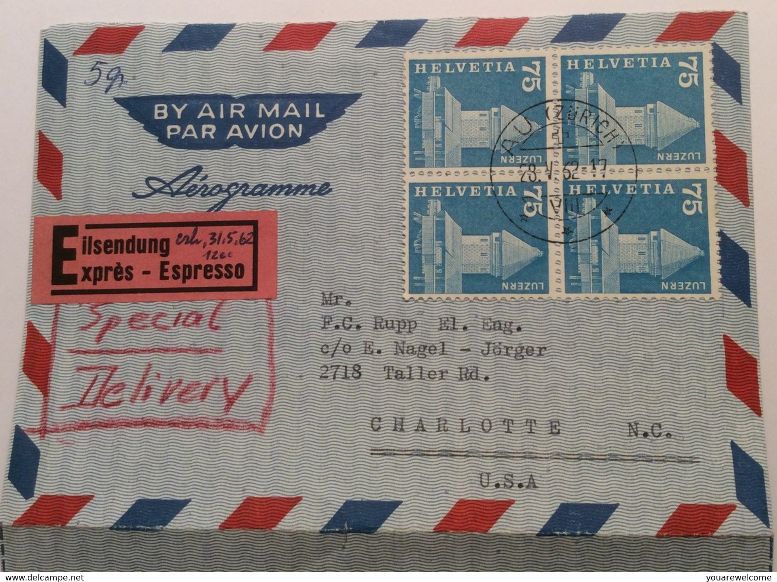 Schweiz 1960 Viererblock 366 „AU ZÜRICH 1962“ BEDARFS EXPRESS AEROGRAMME>  USA (cover - Briefe U. Dokumente