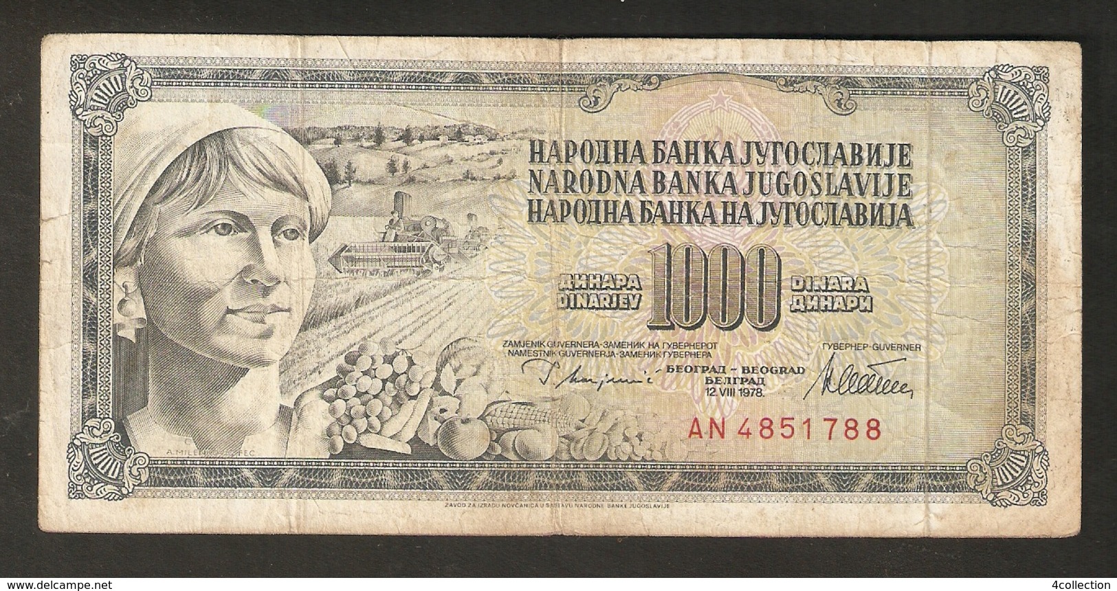 T. Yugoslavia Jugoslavije 1000 Dinara Dinarjev Beograd 12 VIII 1978 # AN 4851788 - Yugoslavia