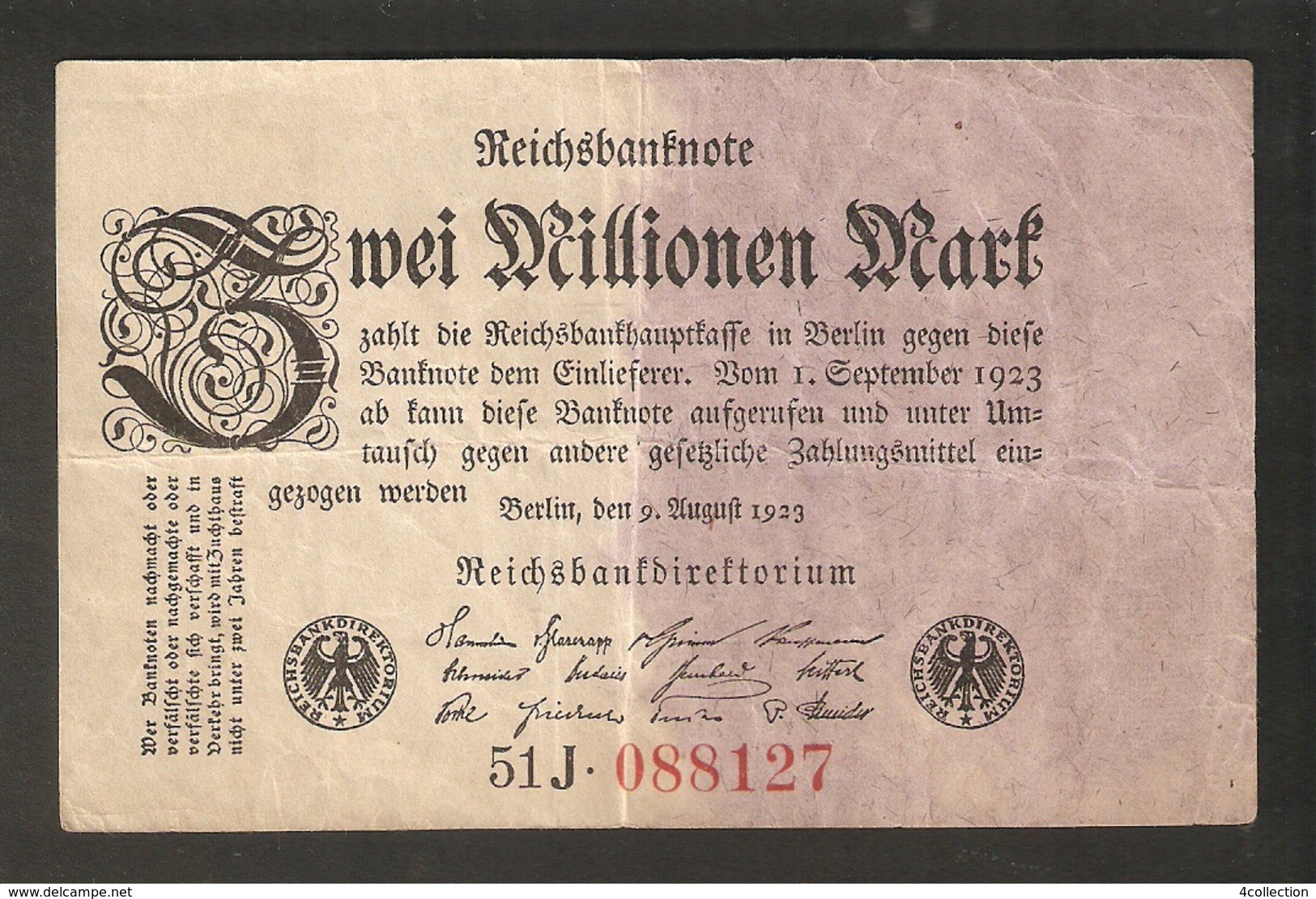 T. Germany Weimar Republic Reichsbanknote Zwei 2 Millionen Mark 2,000,000 1923 # 51J 088127 - 2 Millionen Mark