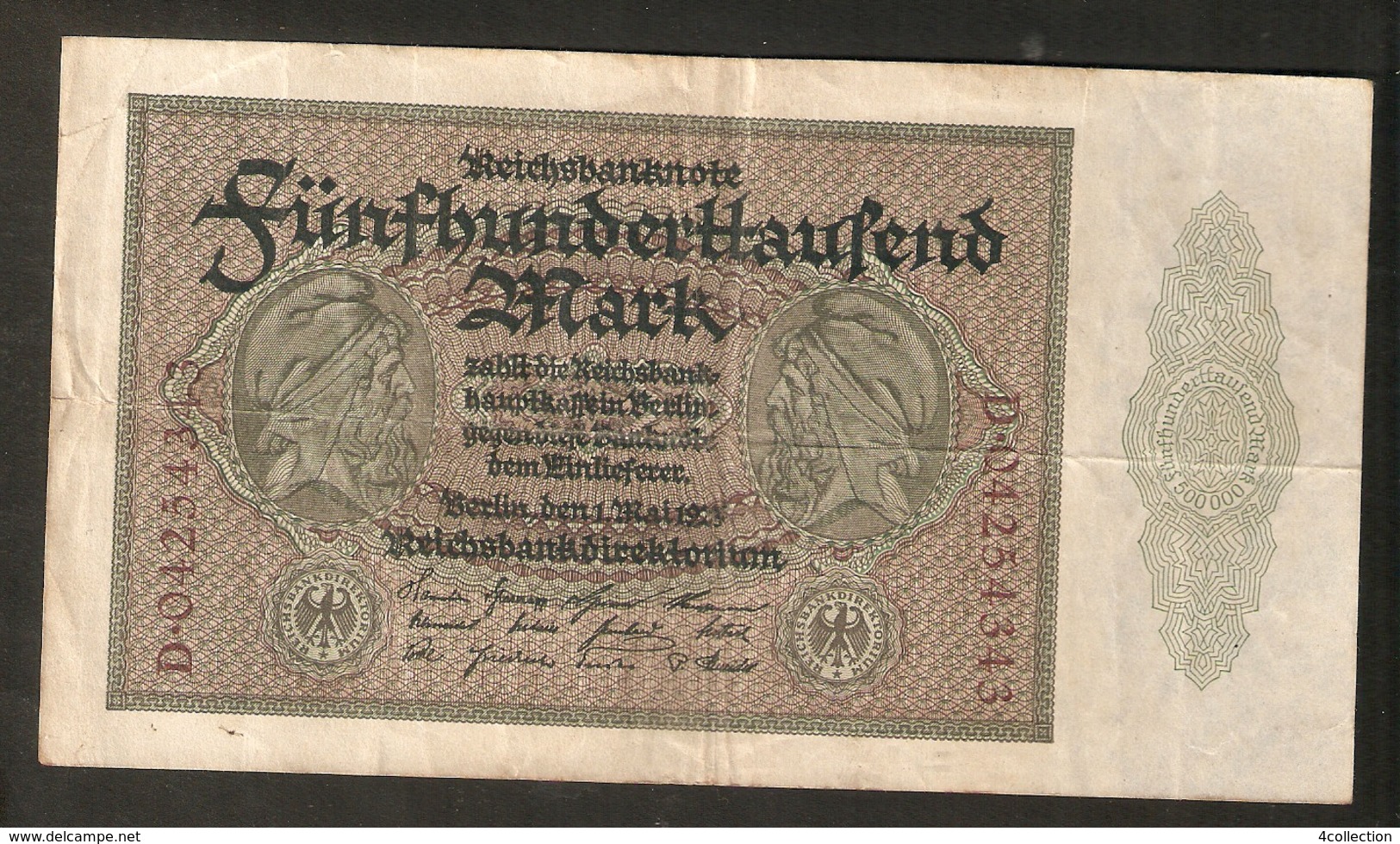 T. Germany Weimar Republic Reichsbanknote Funfhunderthaussend 500000 Mark 1923 # D . 04254343 - 500.000 Mark