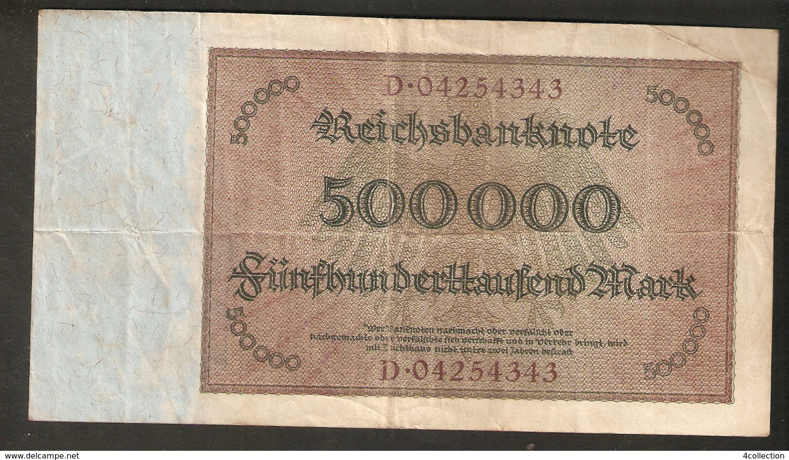 T. Germany Weimar Republic Reichsbanknote Funfhunderthaussend 500000 Mark 1923 # D . 04254343 - 500000 Mark