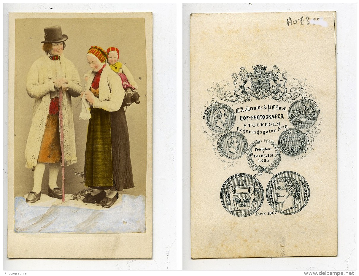 Suede Dalécarlie Leksand Costume Traditionnel Ancienne CDV Photo Coloriée Eurenius 1868 - Old (before 1900)