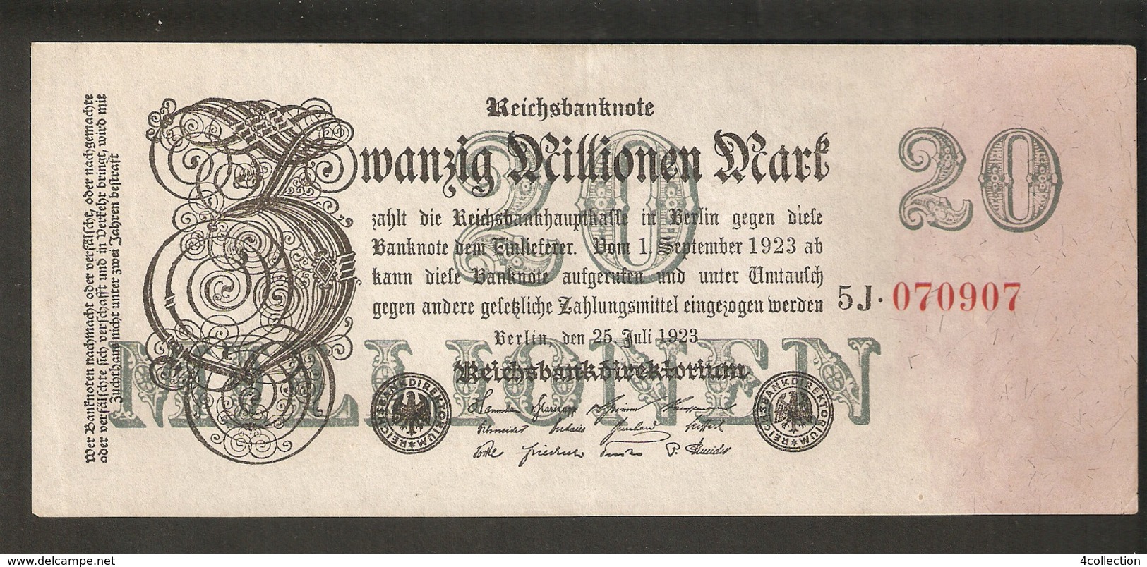 T. Germany Weimar Republic Reichsbanknote Zwanzig 20 Millionen Mark 20,000,000 1923 # 5J 070907 - 20 Mio. Mark