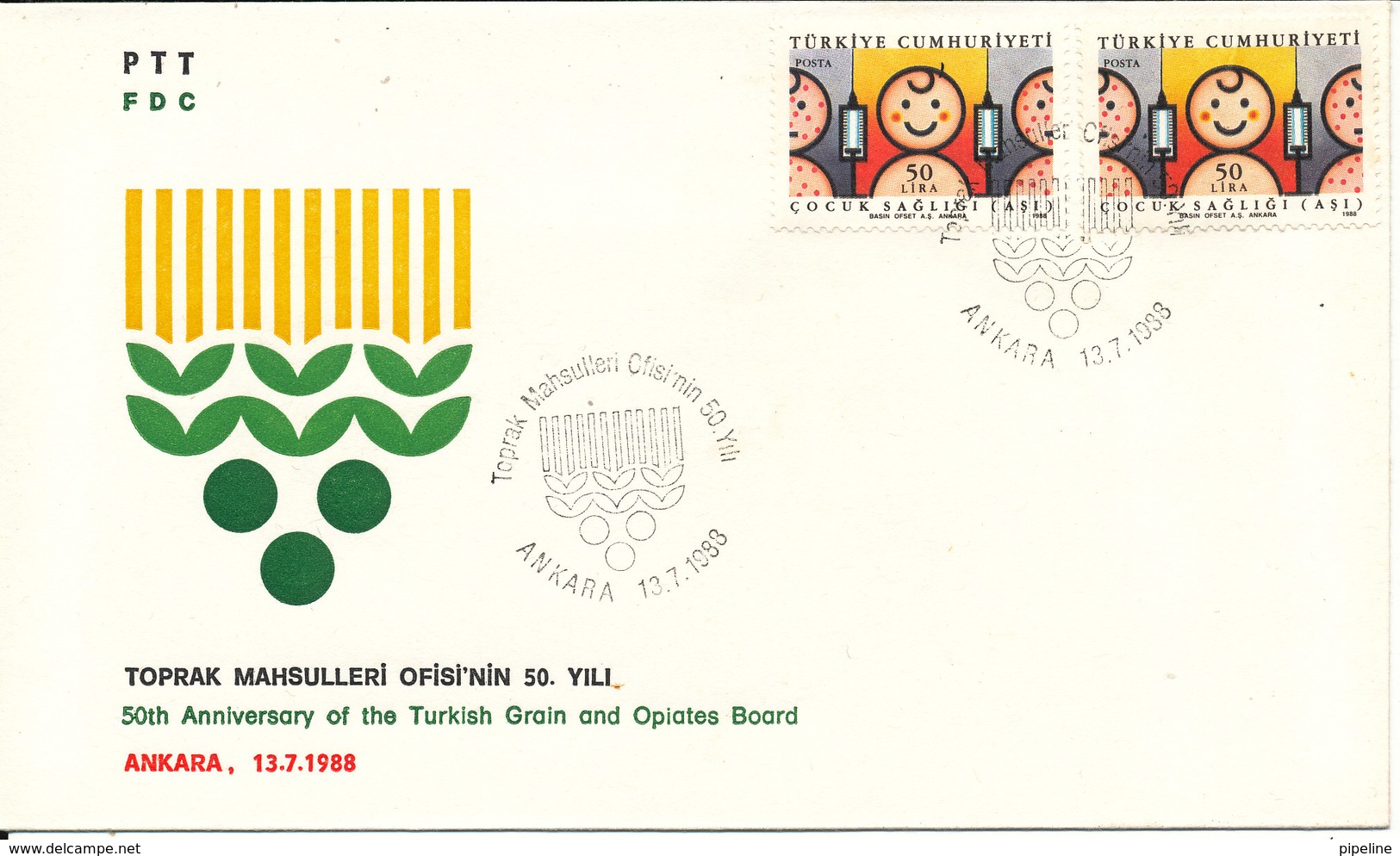 Turkey FDC 13-7-1988 50th Anniversary Of The Turkish Grain And Opiates Board With Cachet - FDC