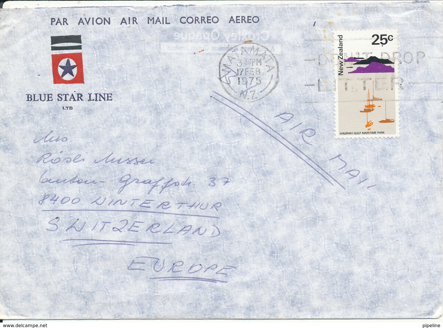 New Zealand Air Mail Cover (Blue Star Line) Sent To Switzerland Matamata 17-2-1975 Single Franked - Corréo Aéreo