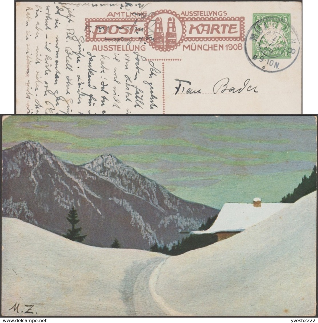 Bavière 1908. Entier Postal Timbré Sur Commande. Refuge De Montagne Recouvert De Neige, Paysage Alpestre. Peinture - Montañas