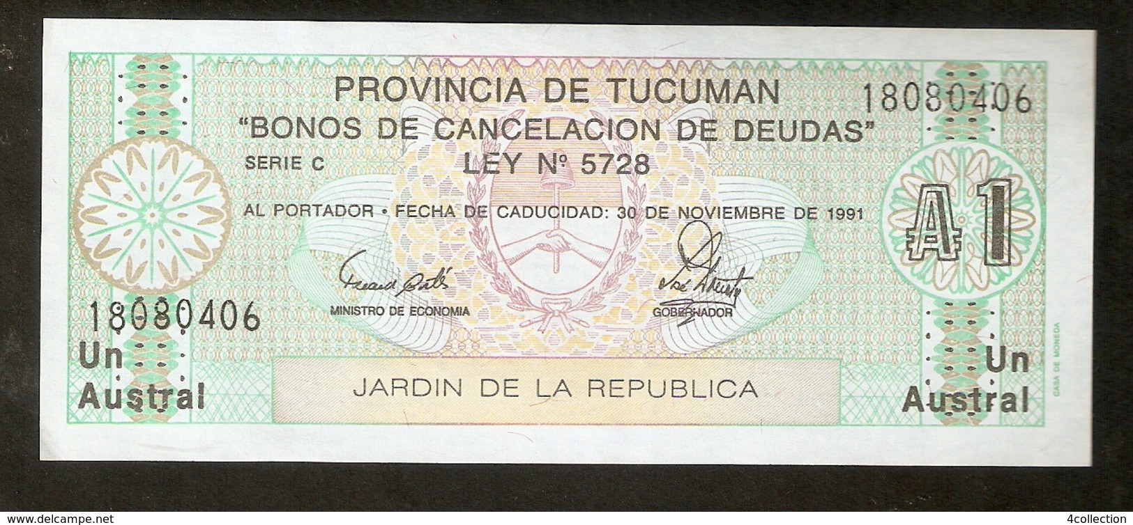 T. Argentina Provincia De Tucuman Un 1 Austral 1991 Jardin De La Republica Ser. C # 18080406 - Argentine