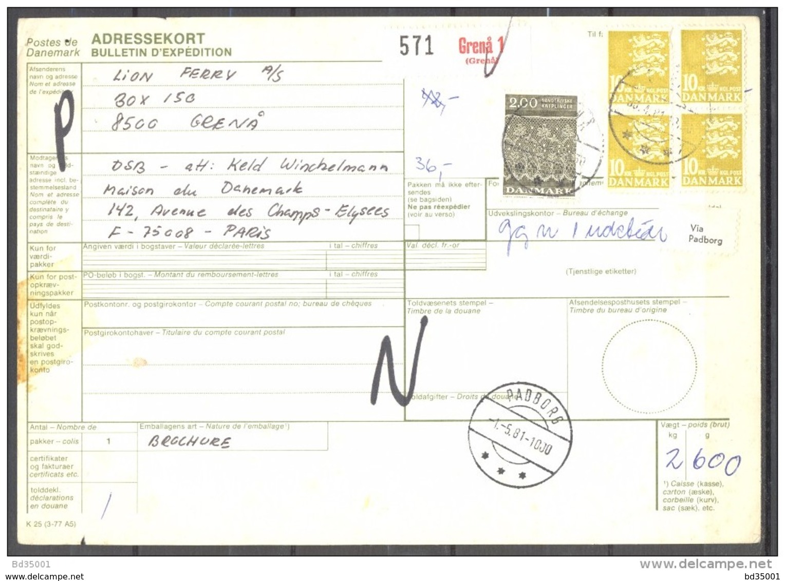 Bulletin D'Expédition - Colis Postaux - Danemark - Cachet GRENA - 01/05/1981 - Parcel Post