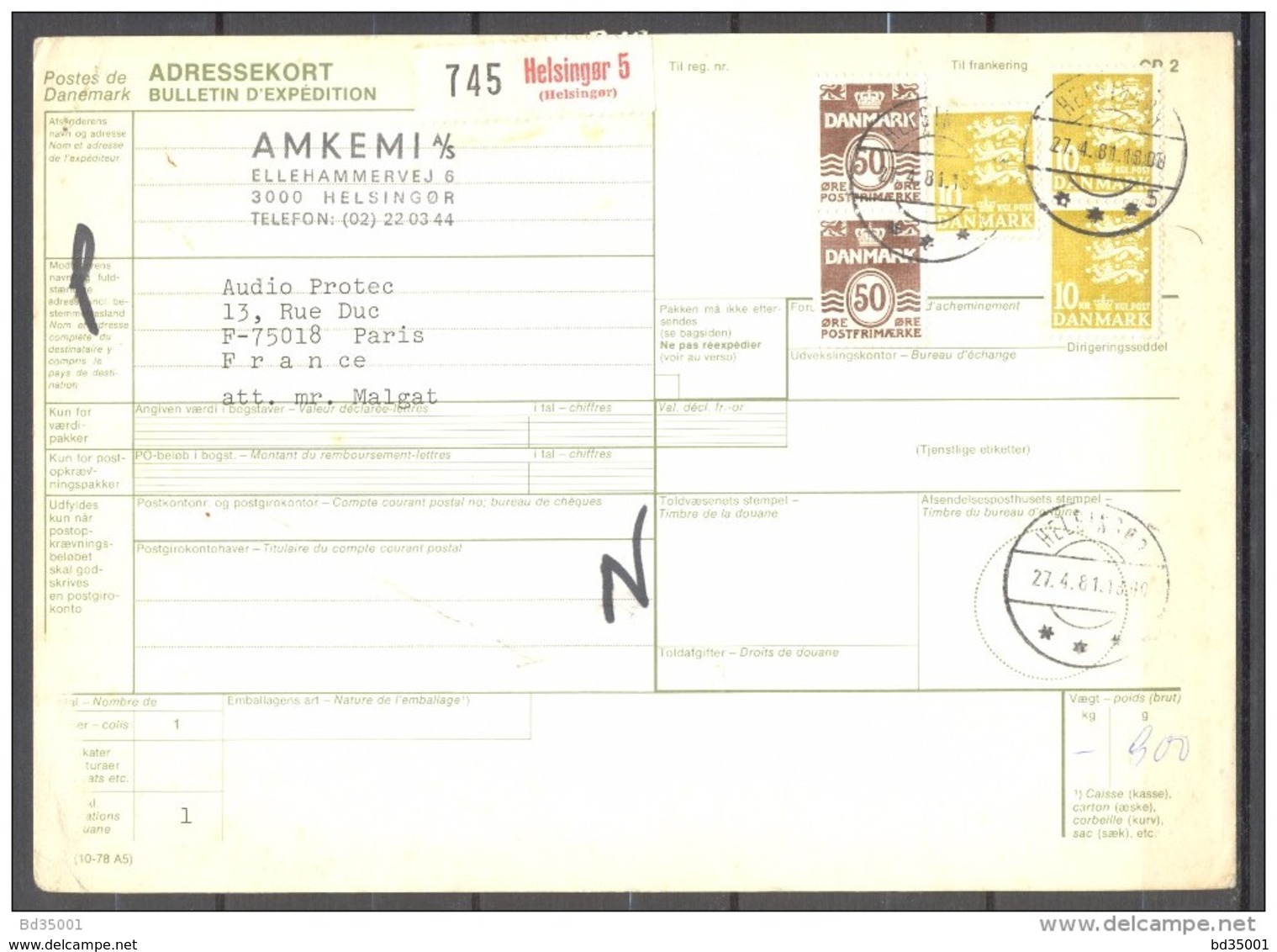 Bulletin D'Expédition - Colis Postaux - Danemark - Cachet HELSINGOR - 27/04/1981 - Pacchi Postali