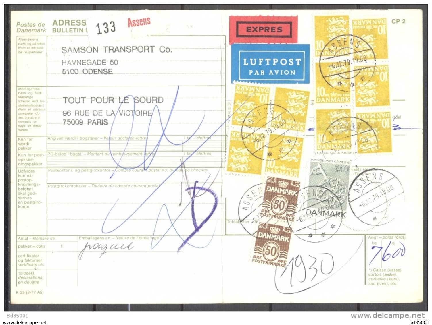 Bulletin D'Expédition - Colis Postaux - Danemark - Cachet ASSENS - 06/12/1979 - Paketmarken