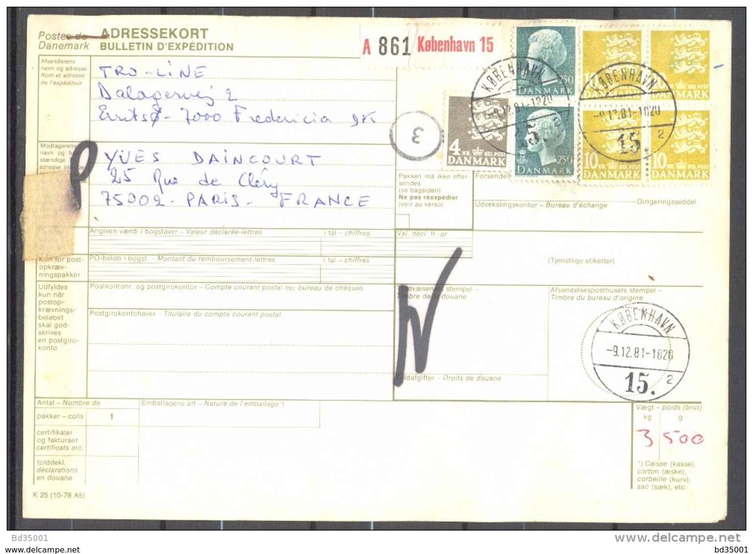 Bulletin D'Expédition - Colis Postaux - Danemark - Cachet COPENHAGUE / KOBENHAVN - 09/12/1981 - Paketmarken