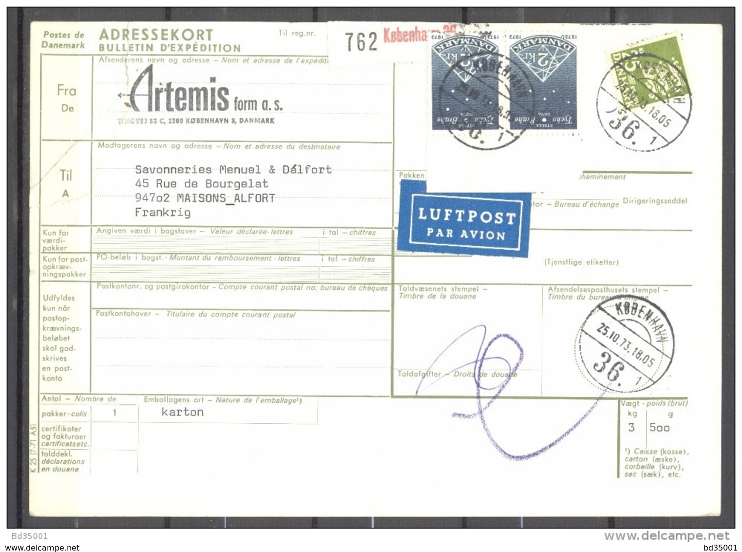 Bulletin D'Expédition - Colis Postaux - Danemark - Cachet COPENHAGUE / KOBENHAVN - 25/10/1973 - Paquetes Postales