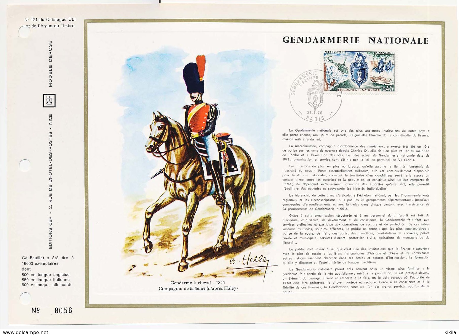 FDC Gendarmerie Nationale    31 Janvier 1970 à Paris Gendarme à Cheval 1845 Compagnie De La Seine  Haley - 1970-1979