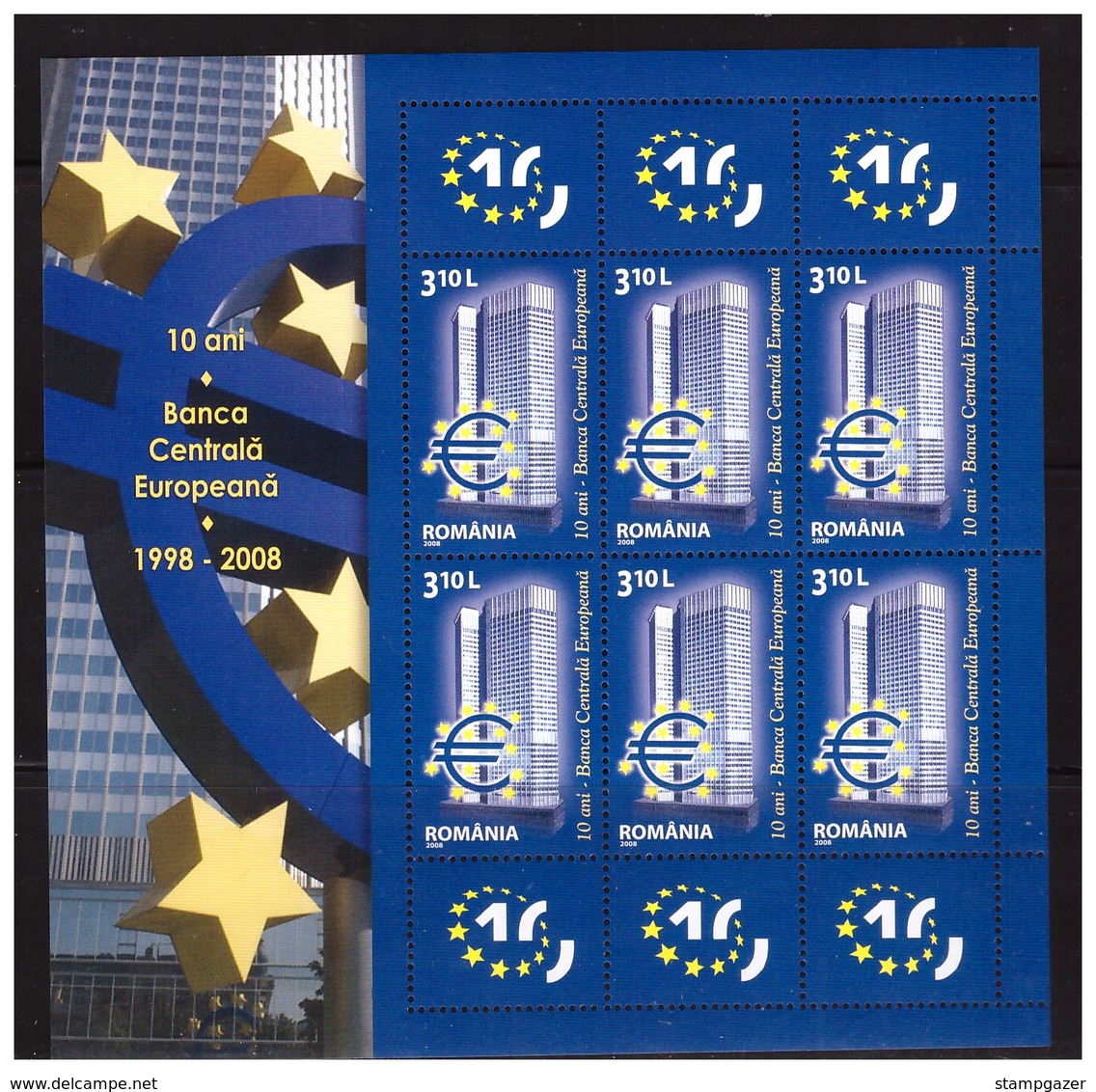 ROMANIA 2008 10 Years Central European Bank  MS   MNH - Blocs-feuillets