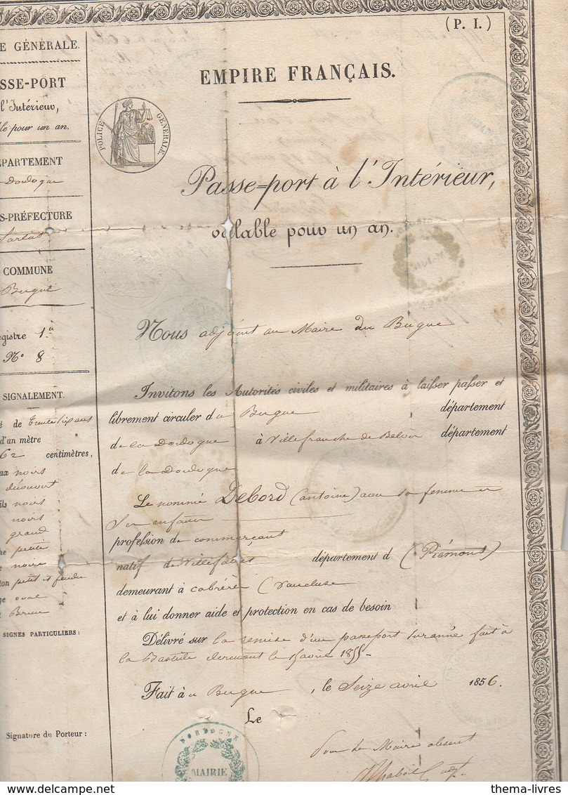 Le Bugue (24 Dordogne)   Passeport Pour L'intérieur EMPIRE FRANCAIS  1856 (PPP8898) - Documents Historiques