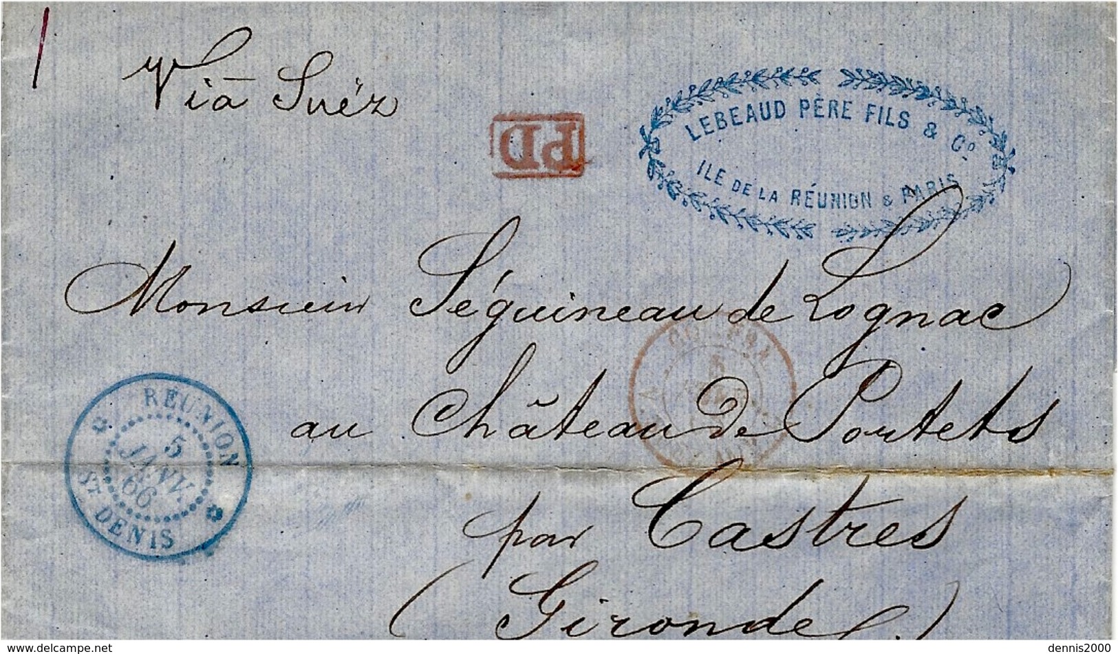 1866 - Lettre De ST DENIS  En P D  " Via Suez "  Pour  Castres - Briefe U. Dokumente