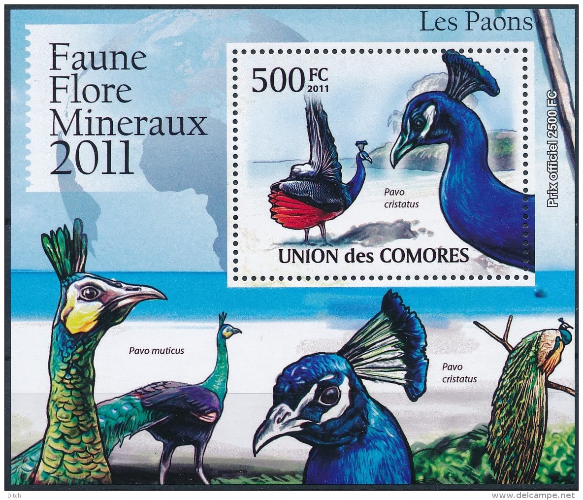 D- [39350] **/Mnh-Comores 2011 - BL2154, Faune, Les Oiseaux, Les Paons, Paon Bleu. - Peacocks
