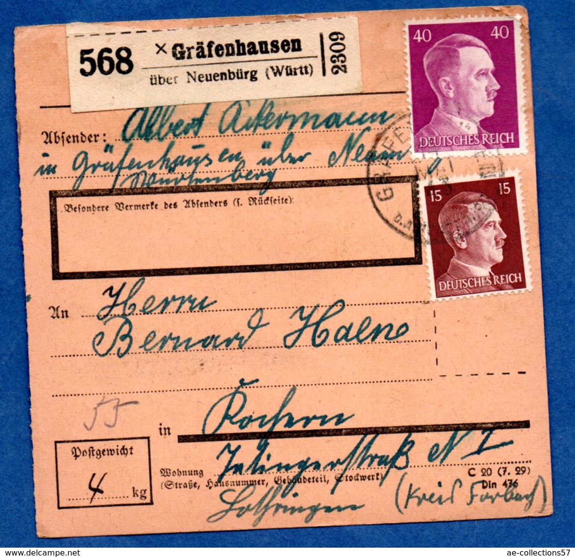 Colis Postal  --  Départ Gräfenhausen --17/5/1943 - Covers & Documents