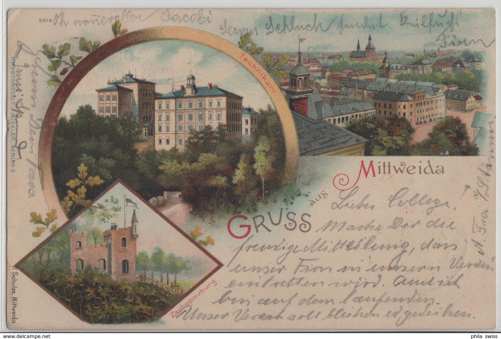 Gruss Aus Mittweida - Technikum, Zschopauberg, Totalansicht - Lithographie, Litho J. Miesler - Mittweida