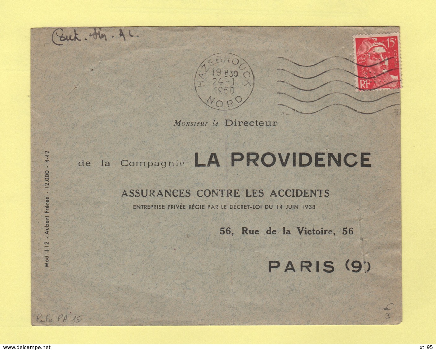 Perfore PA (PA15) La Providence - Hazebrouck Nord Sur Lettre Reponse - Type Gandon - Sonstige & Ohne Zuordnung