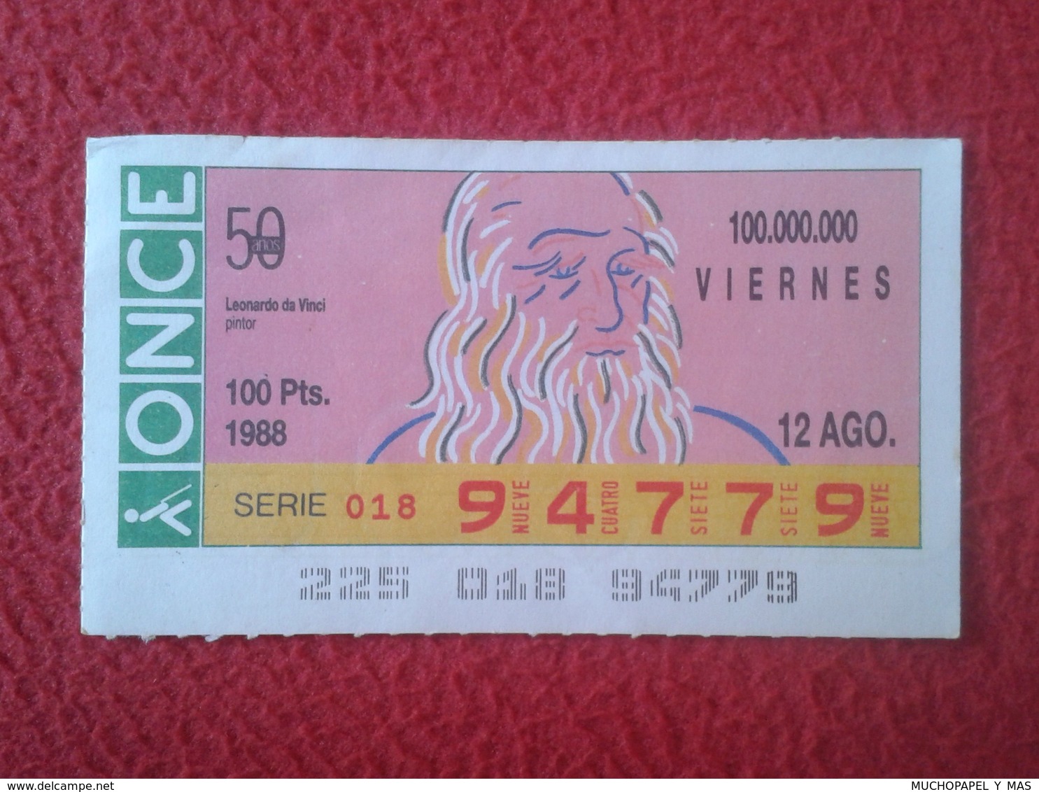 CUPÓN DE LA ONCE SPANISH LOTERY CIEGOS SPAIN LOTERÍA ESPAÑA BLIND 1988 LEONARDO DA VINCI ITALIA ITALY PINTOR VER FOTO/S - Billetes De Lotería