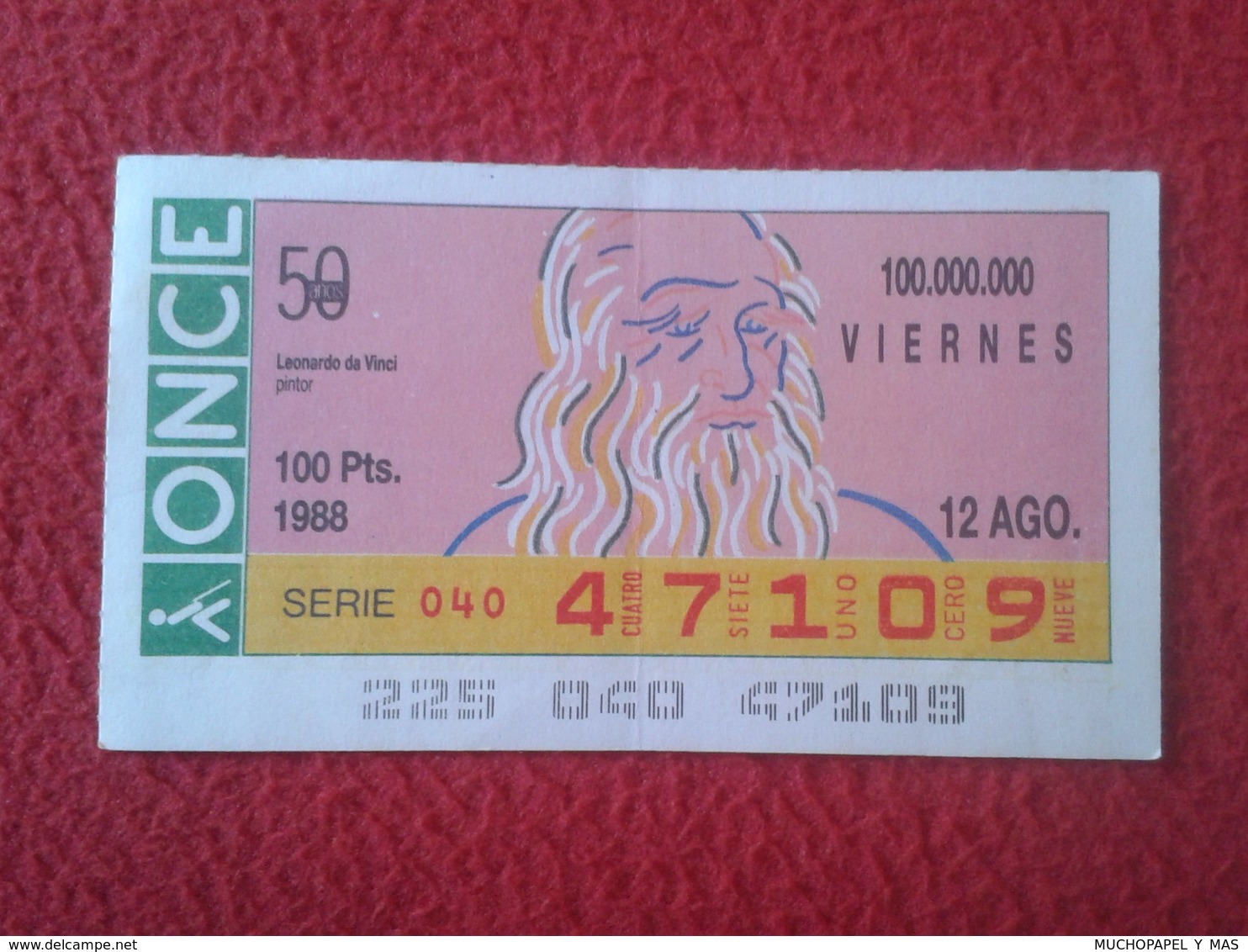 CUPÓN DE LA ONCE SPANISH LOTERY CIEGOS SPAIN LOTERÍA ESPAÑA BLIND 1988 LEONARDO DA VINCI ITALIA ITALY PINTOR VER FOTO/S - Billetes De Lotería