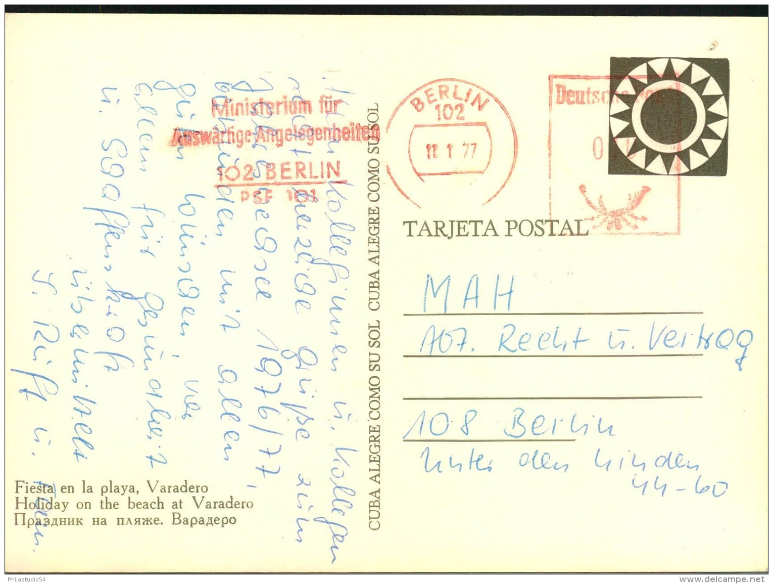 1977, Postkarte Aus Moskau Von Der DDR-Botschaft Mit Freistempel Auswärtiges Amt 102 Berlin PSF 101. - Other & Unclassified