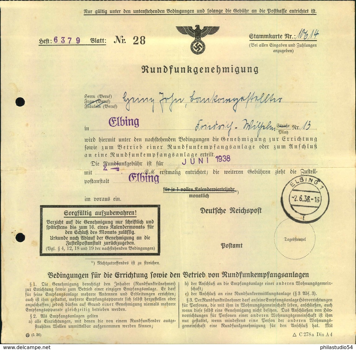 1938, Rundfunkgenehmigung Ausgestellt In ELBING - Autres & Non Classés
