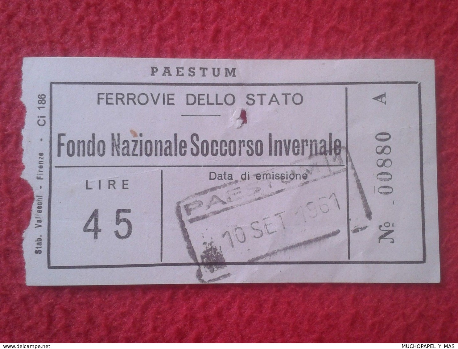 TICKET BILLETE TRANSPORTE ITALIA ITALY 1961 TRAIN FERROVIE DELLO STATO PAESTUM TREN TRENES BILLETES TICKETS VER FOTO/S - Europa