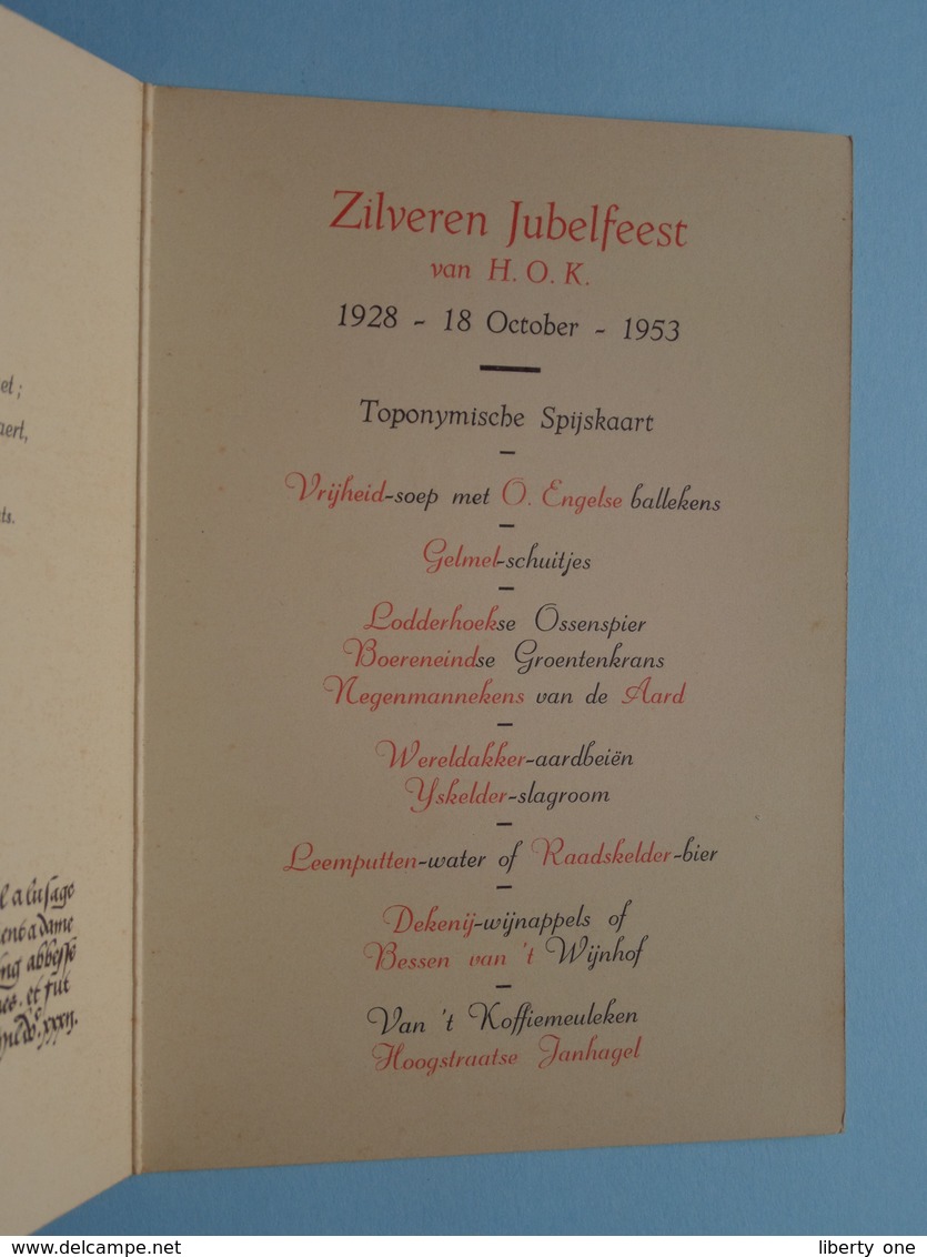 Zilveren Jubelfeest Van H.O.K. 1928 - 18 October - 1953 België ( Graaf Lalaing ) - ( Litho Bengtsons Stockholm ) ! - Menus