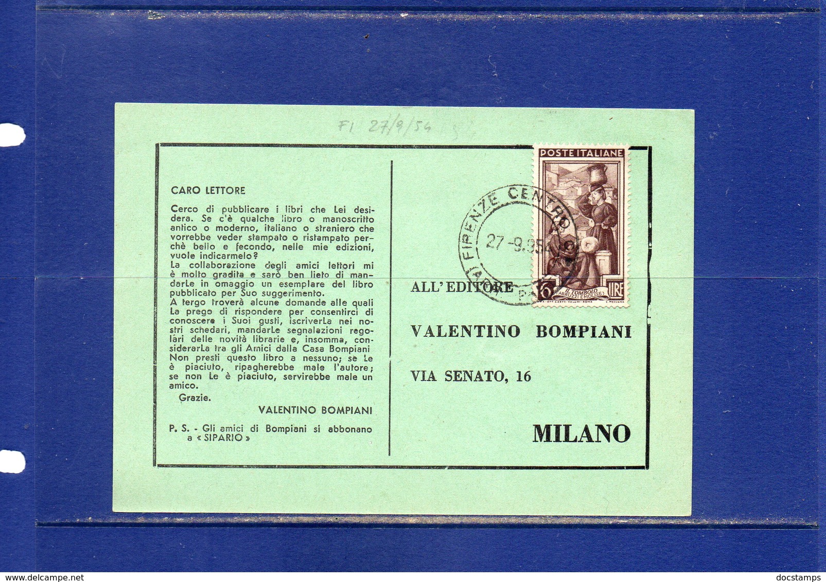 ##(DAN186/1)1954- Italia Al Lavoro L.6 Isolato Su Cedola Di Commissione Libraria Da Firenze Per Milano - 1946-60: Marcophilia