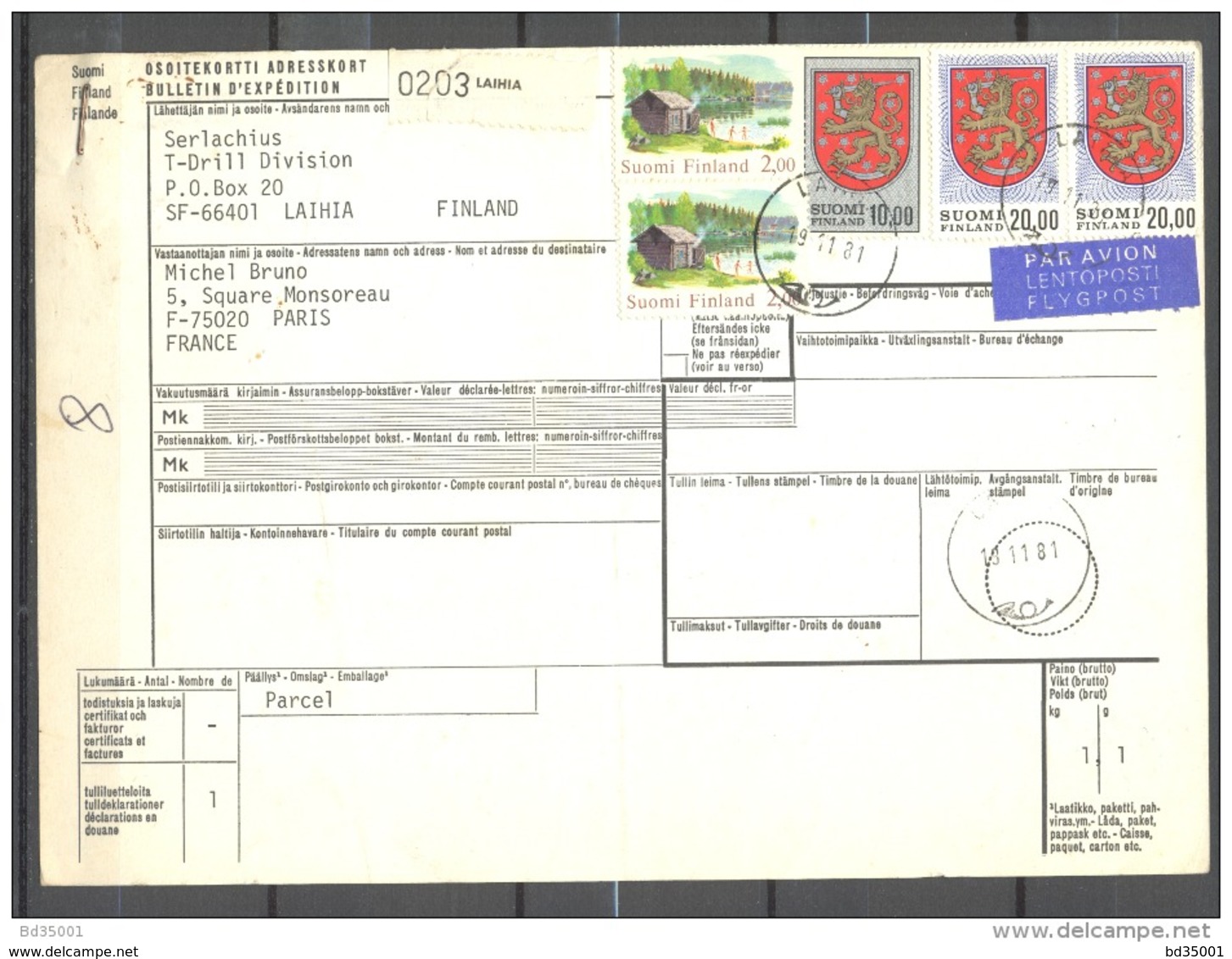 Bulletin D'Expédition - Finlande / Finland - Laihia Vers Paris -13/11/1981 - Paketmarken