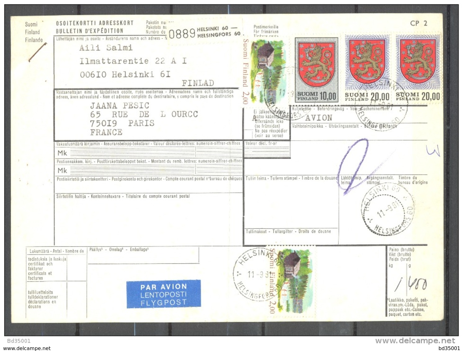 Bulletin D'Expédition - Finlande / Finland - Helsinki Vers Paris -11/09/1981 - Colis Postaux