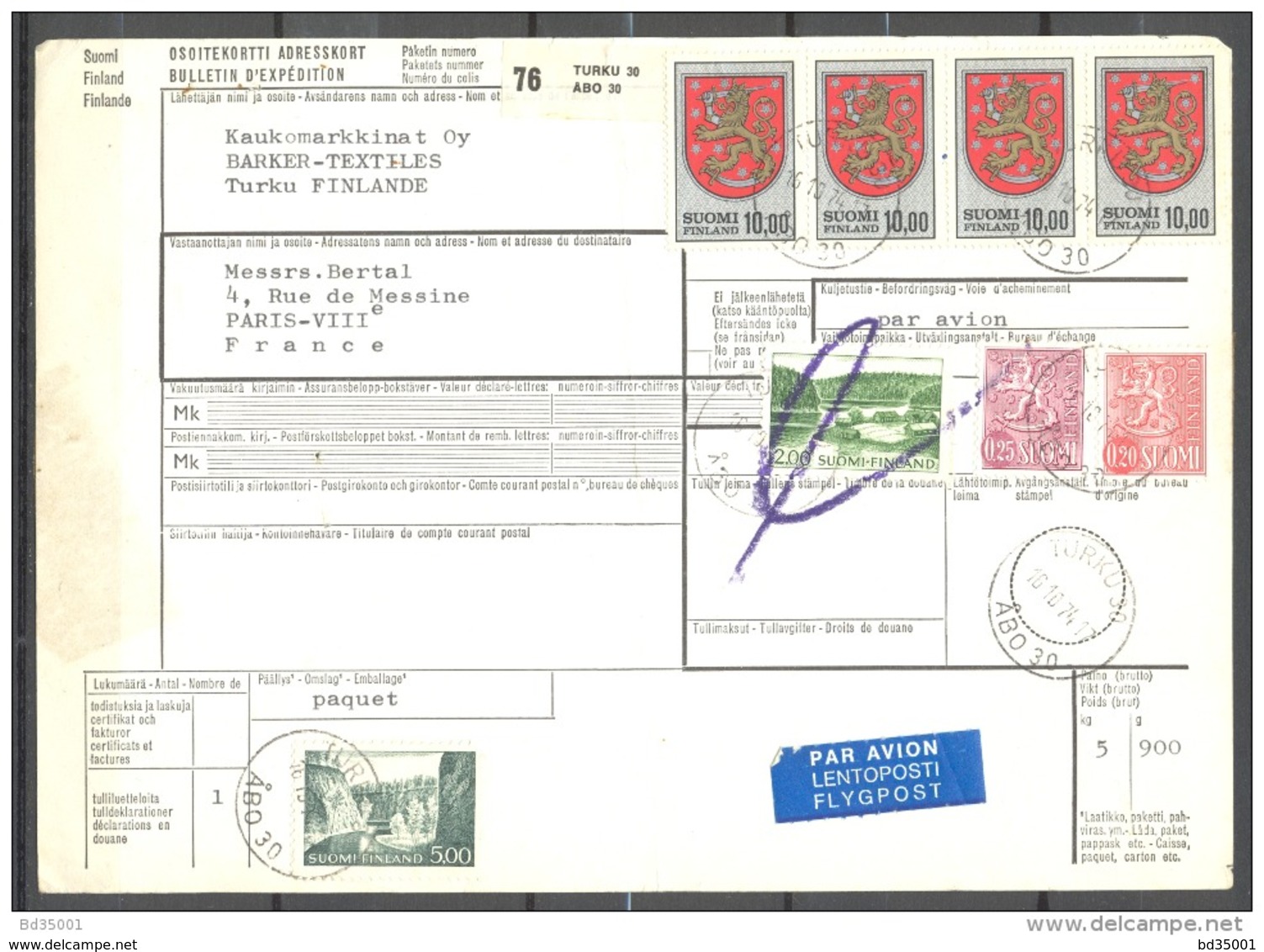 Bulletin D'Expédition - Finlande / Finland - Turku ABO Vers Paris - 16/10/1974 - Paketmarken