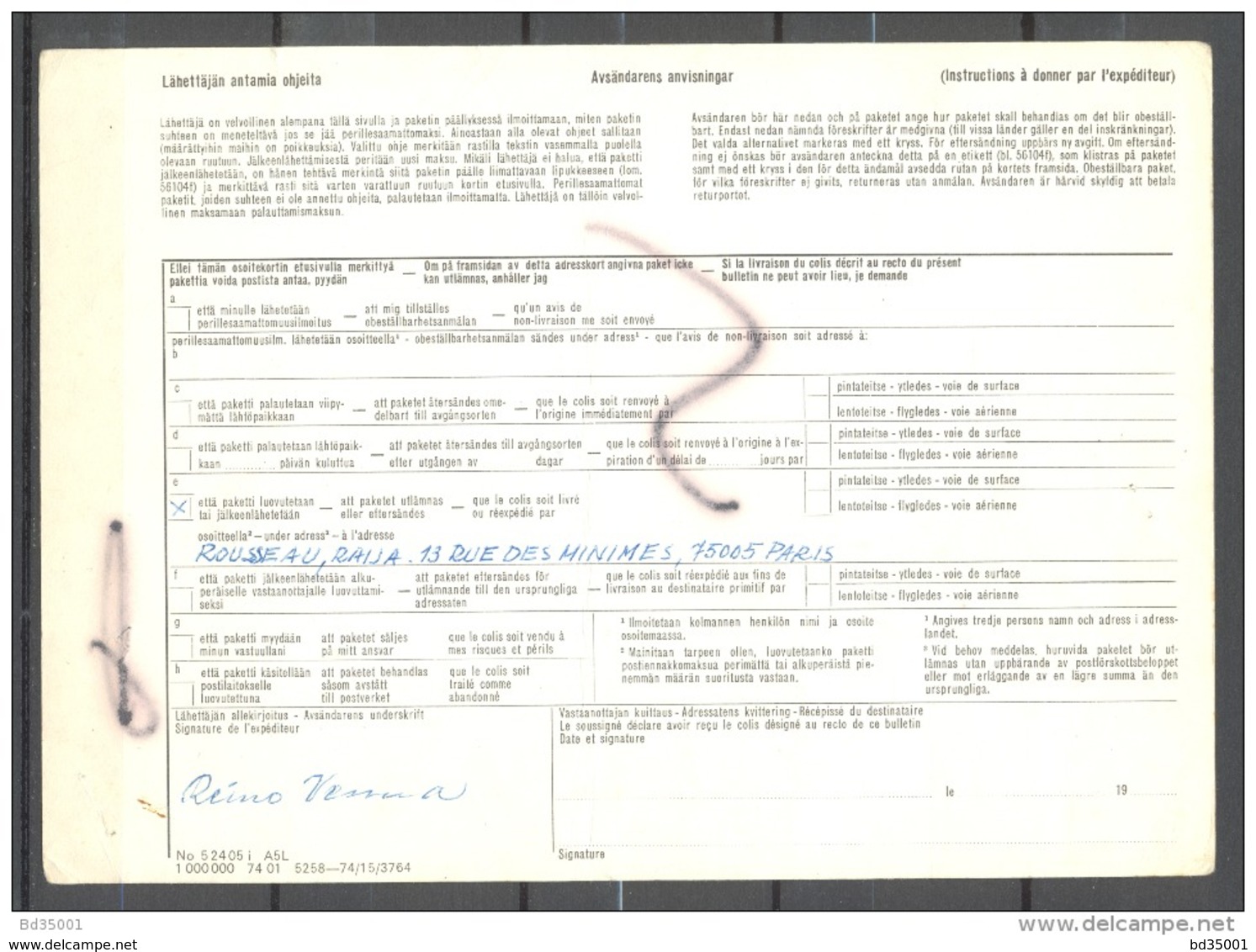 Bulletin D'Expédition - Finlande / Finland - Helsinki Vers Paris - 07/12/1976 - Paketmarken