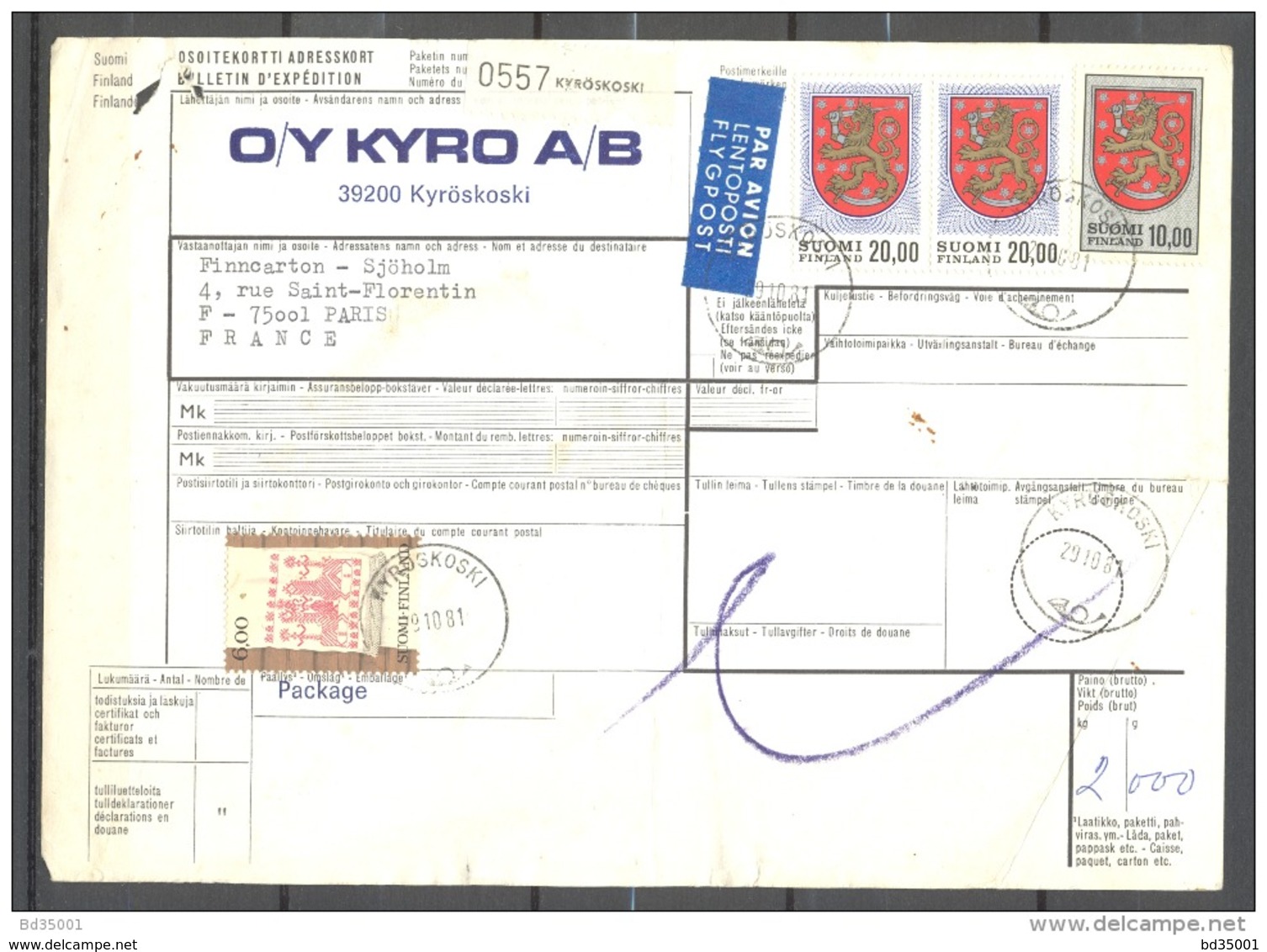 Bulletin D'Expédition - Finlande / Finland - Kyroskoski Vers Paris - 26/10/1981 - Paketmarken