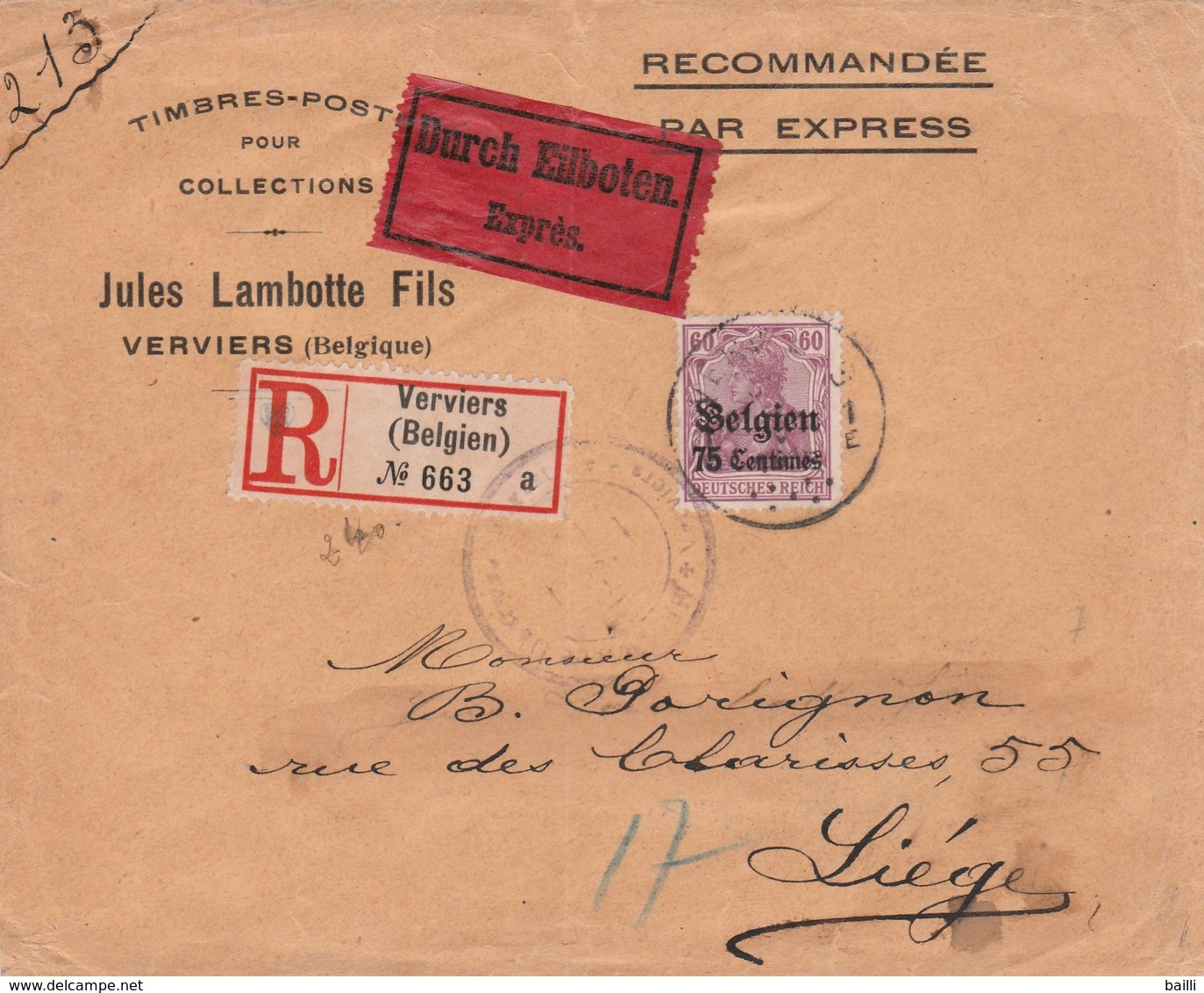 Occupation Allemande En Belgique Lettre Recommandée Par Exprès Verviers - Occupation 1914-18