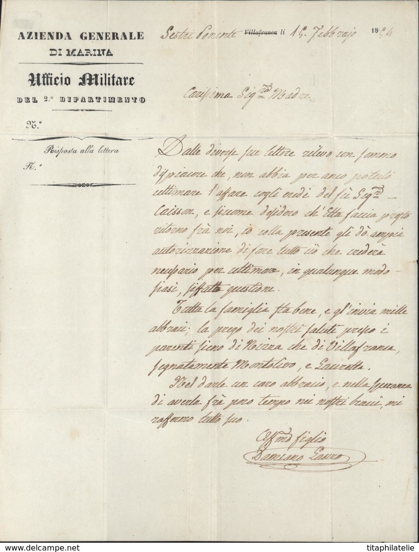 YT Sardaigne 5 CAD Genova 1854 Arrivée Nizza Maritt A Azienda Generale Di Marina Ufficio Militare Del 2 Dipartimento - Sardinien