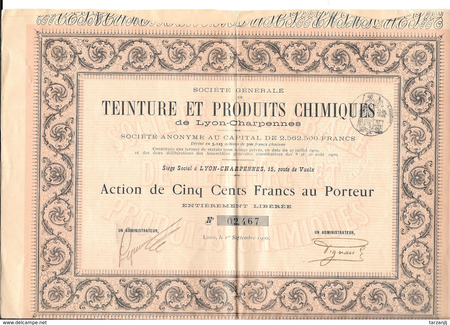 Action De 500 Francs "Teinture Et Produits Chimiques" De Lyon Charpennes 1900 - Industrie