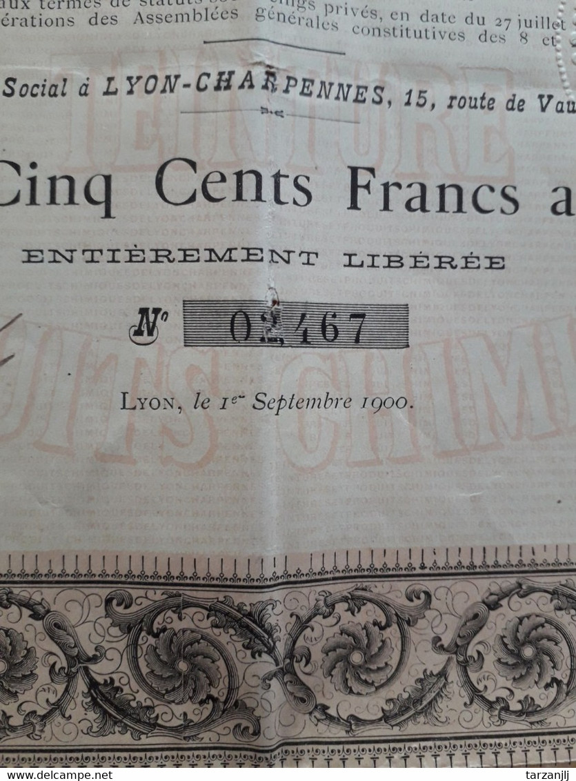 Action De 500 Francs "Teinture Et Produits Chimiques" De Lyon Charpennes 1900 - Industrie