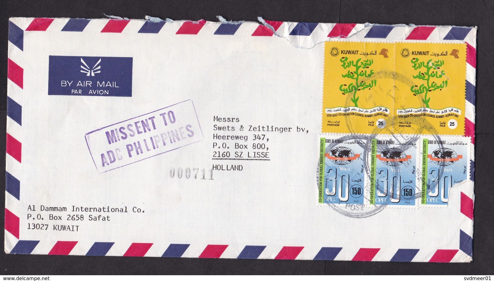 Kuwait: Airmail Cover To Netherlands, 1992, 5 Stamps, Cancel Missent To Philippines (damaged, See Scan) - Koeweit