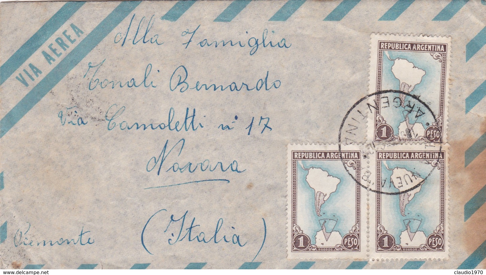 BUSTA  VIAGGIATA  - VIA AEREA - ARGENTINA  - DESTINAZIONE NOVARA  ( ITALIA ) 1956 - Storia Postale