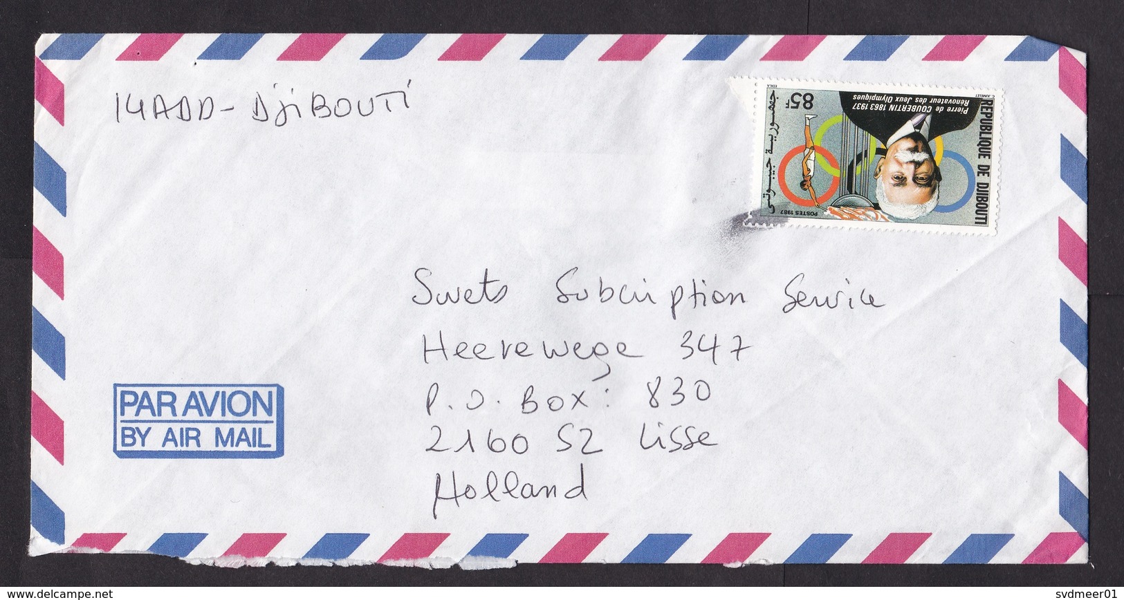 Djibouti: Airmail Cover To Netherlands, 1 Stamp, Coubertin, Olympics, Sports History (damaged, See Scan) - Djibouti (1977-...)