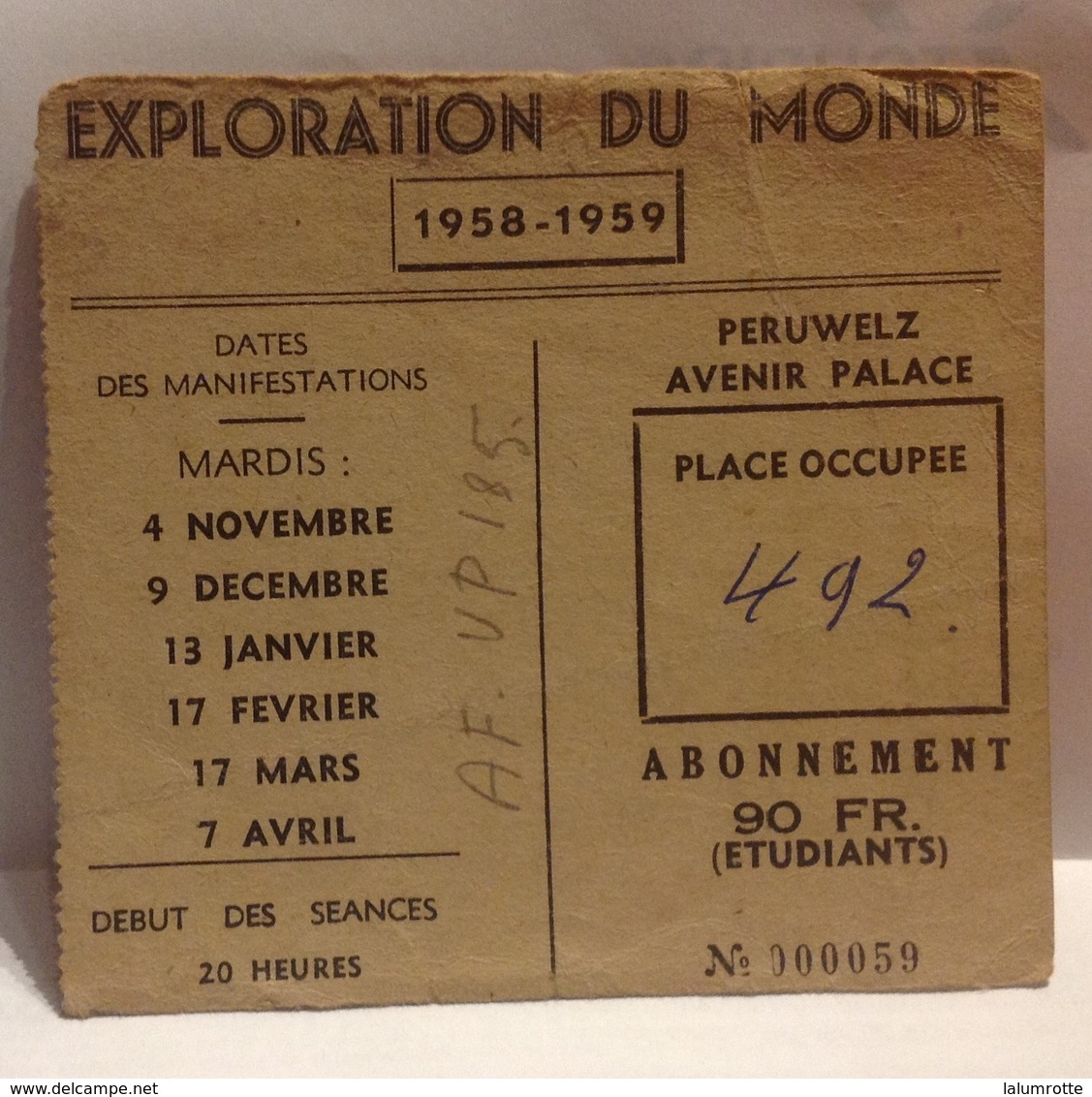 DH. 51. Ancienne Souche D'abonnement A L'exploration Du Monde à Peruwelz Pour 1958-59 - Documentos Históricos