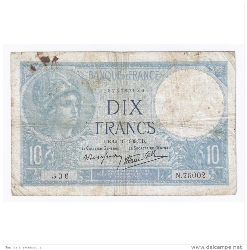 FAY 07/12 - 10 FRANCS MINERVE - 19/10/1939 - TRES BEAU - PICK 84 - 10 F 1916-1942 ''Minerve''