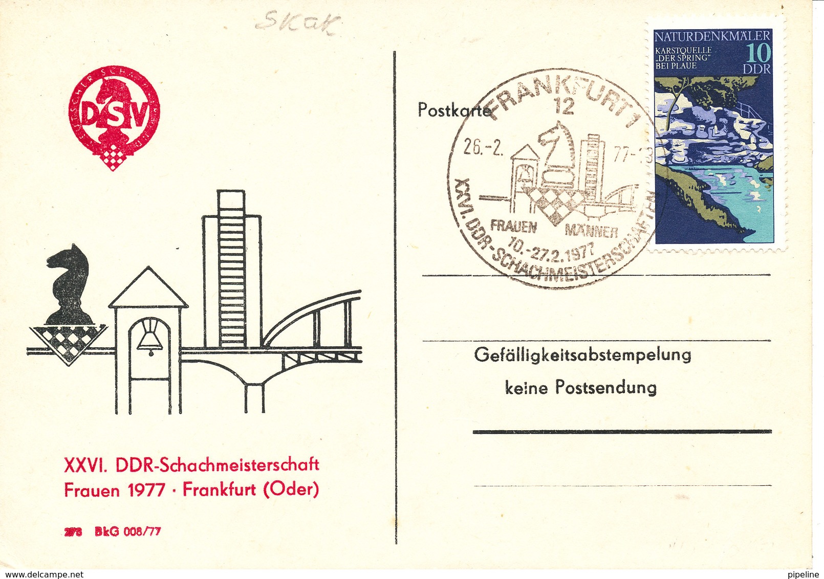 Germany DDR Postcard Special Postmark Frankfurt 26-2-1977 Women Chess Games - Chess