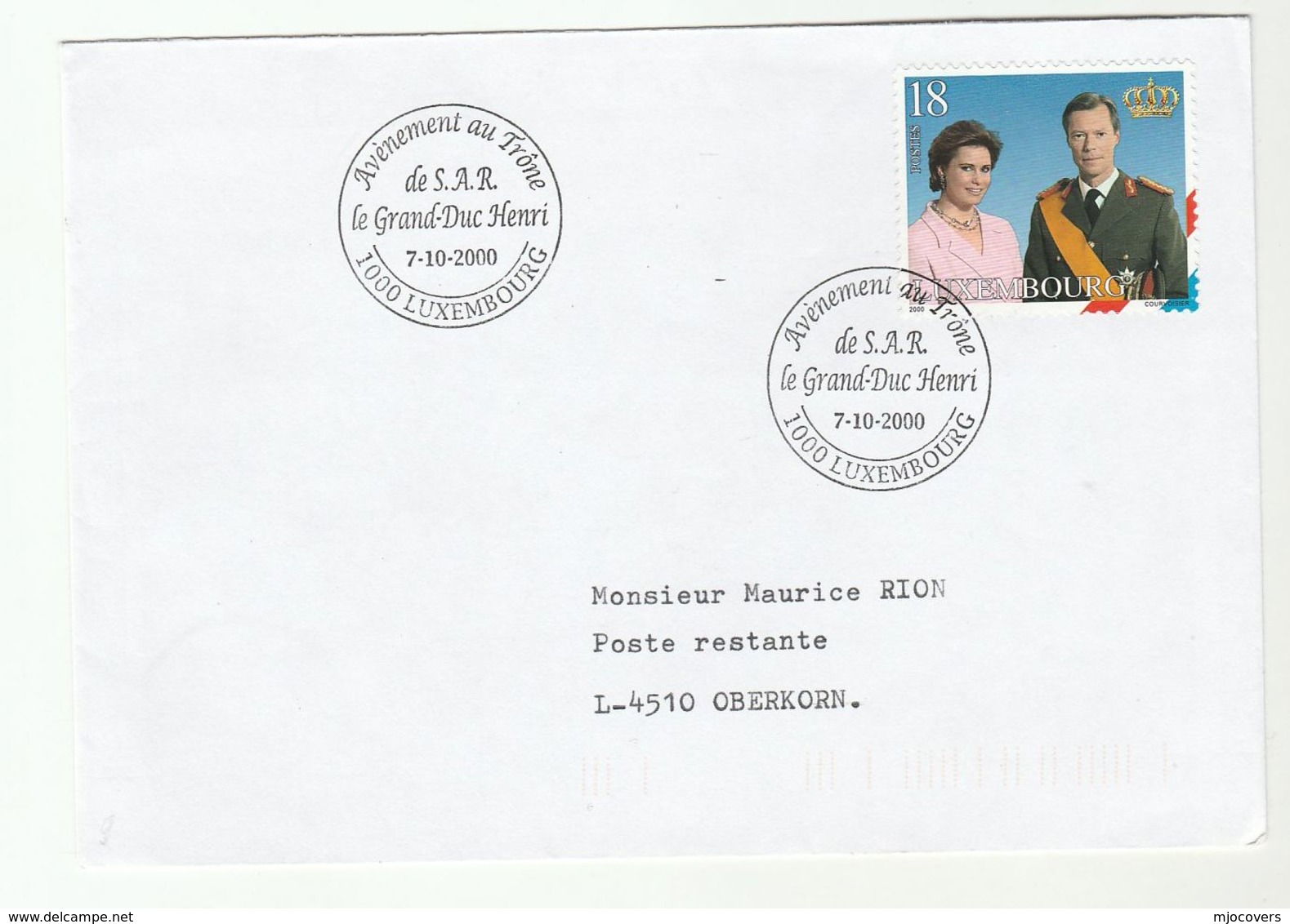 2000  LUXEMBOURG ACCESSION EVENT COVER Royalty Stamps - Covers & Documents