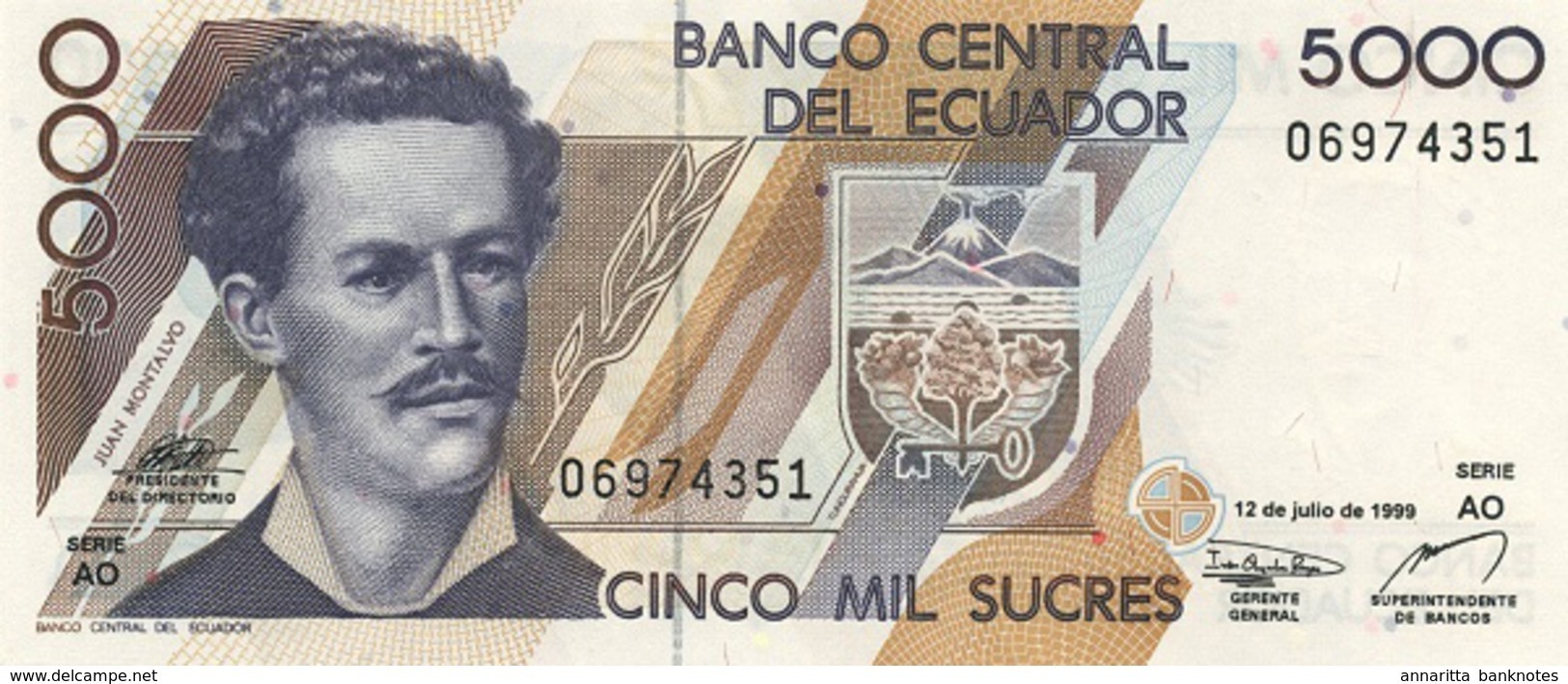 ECUADOR 5000 SUCRES 1999 P-128c UNC SERIE AO - Ecuador