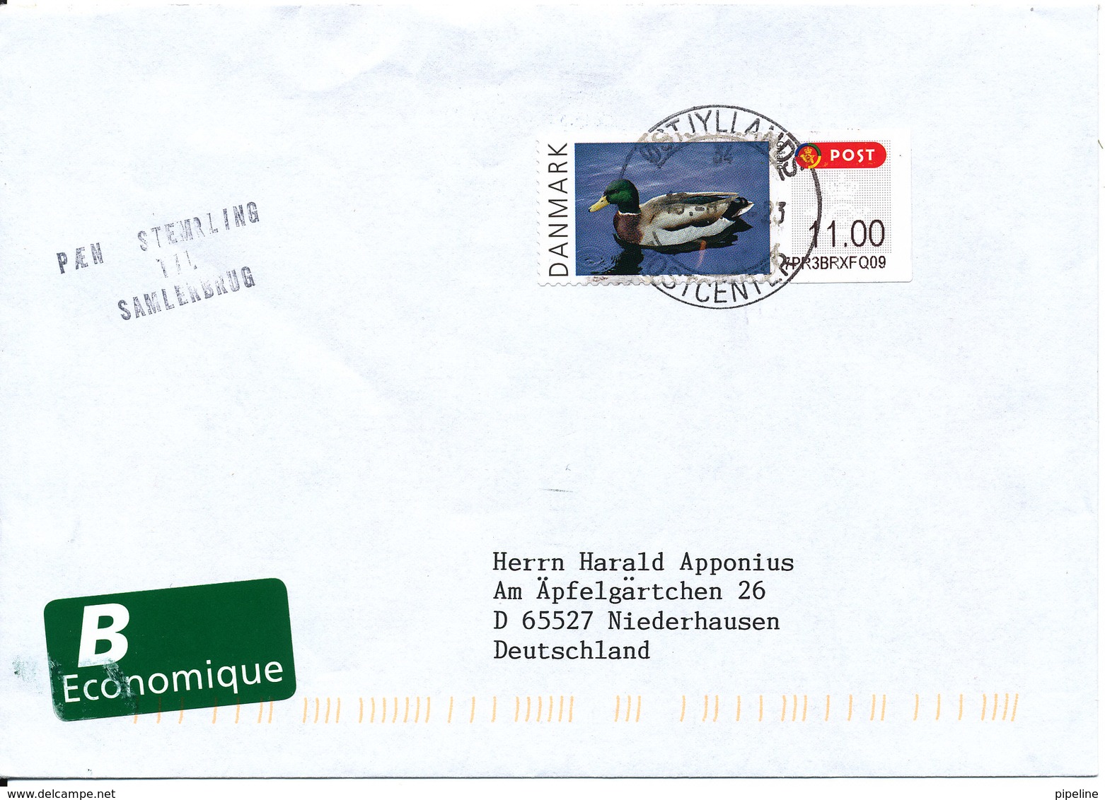 Denmark B Economy Cover With Franking Label DUCK Perfect Postmark 13-12-2012 Sent To Germany - Vignette [ATM]