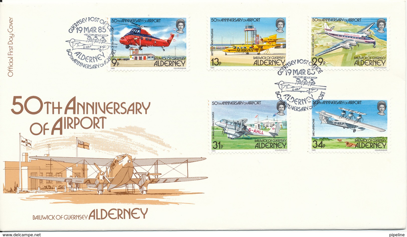 Alderney FDC 19-3-1985 50th Anniversary Of  Airport With Cachet - Alderney